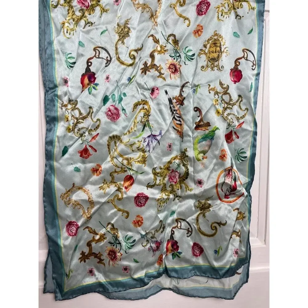 Satin Floral Bird Scarf Ice Blue Coquette Enchanting Rectangle Wrap‎ Neck Scarf